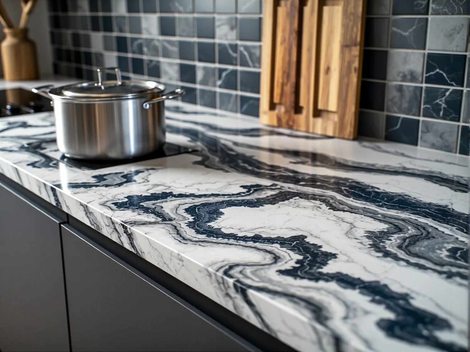 Stół kuchenny wykonany ze starego drewna o unikalnej fakturze i słojach.