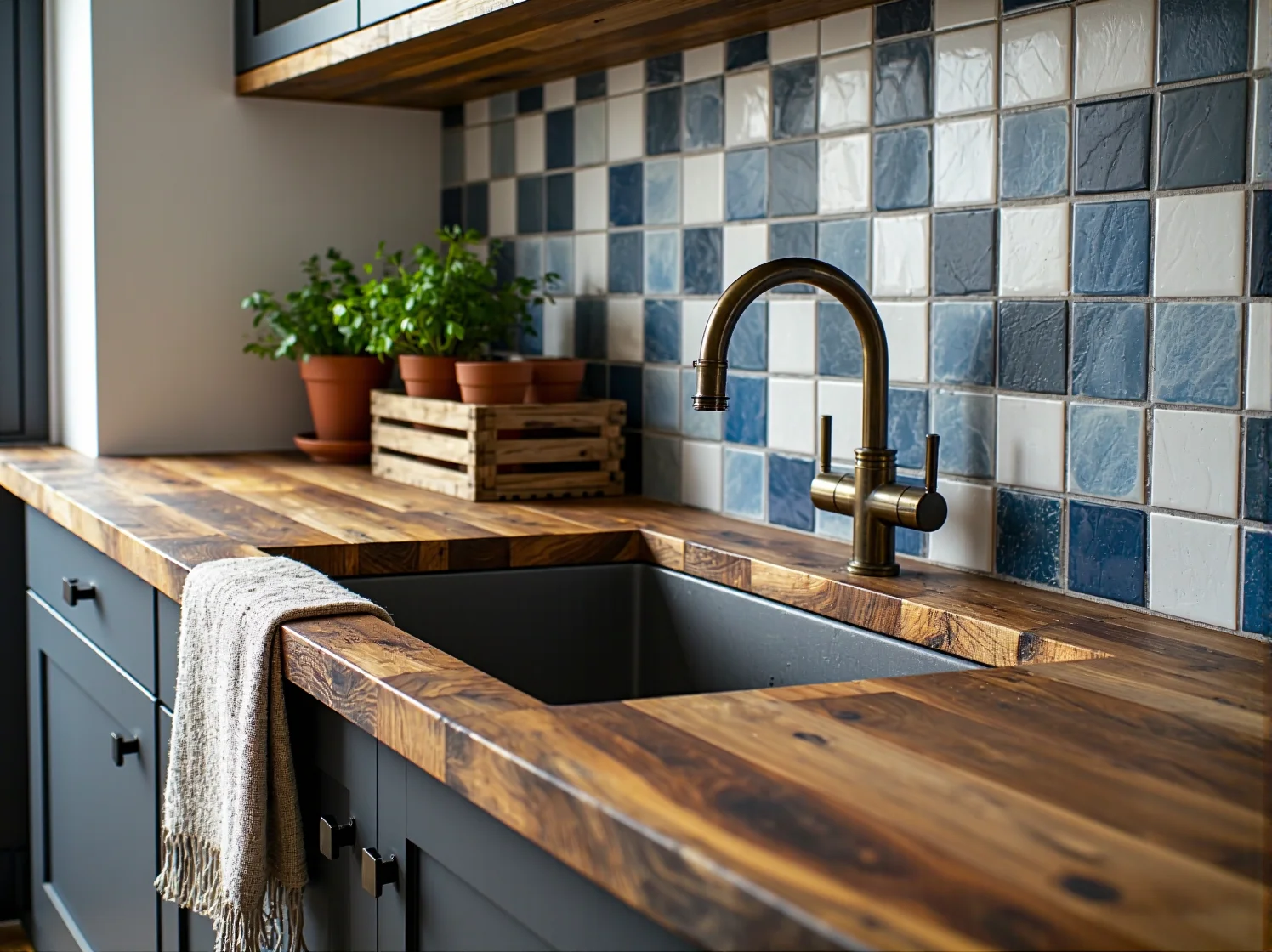 Drewniany stół kuchenny z recyklingu i kolorowe krzesła z odzysku w przytulnej jadalni