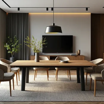 Nowoczesny stół jadalniany dębowy z czarnymi metalowymi nogami