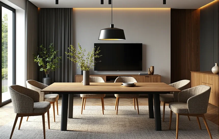 Nowoczesny stół jadalniany dębowy z czarnymi metalowymi nogami