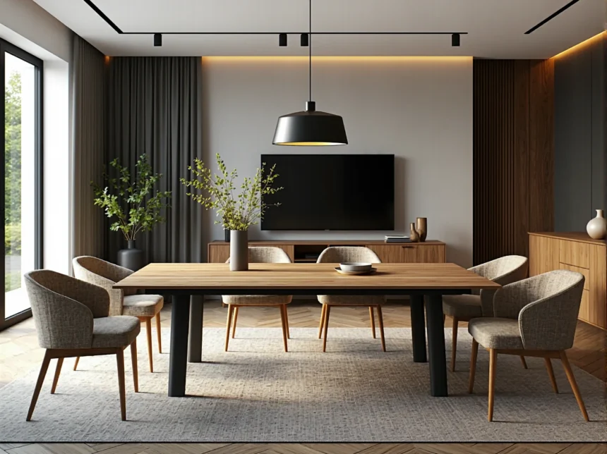 Nowoczesny stół jadalniany dębowy z czarnymi metalowymi nogami Nowoczesny stół jadalniany dębowy z czarnymi metalowymi nogami