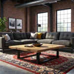 Industrialny stolik kawowy drewniany blat na czarnej metalowej podstawie