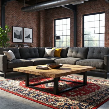 Industrialny stolik kawowy drewniany blat na czarnej metalowej podstawie