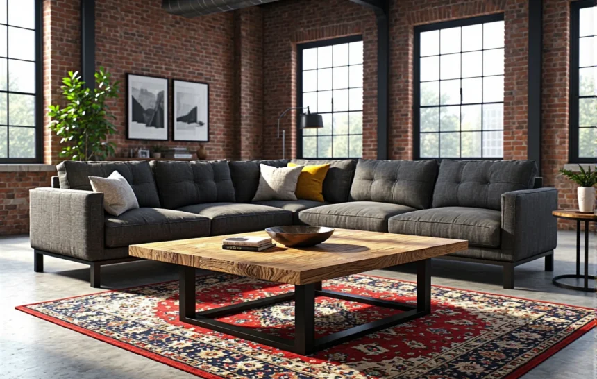 Industrialny stolik kawowy drewniany blat na czarnej metalowej podstawie