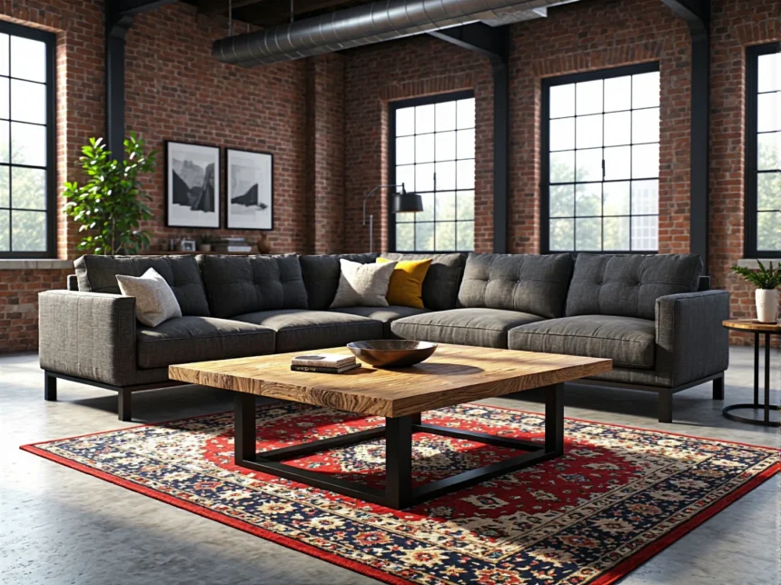 Industrialny stolik kawowy drewniany blat na czarnej metalowej podstawie