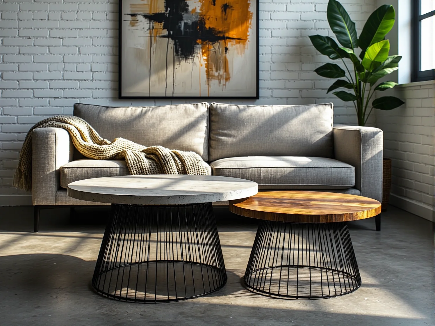 Zestaw okrągłych stolików kawowych w stylu loftowym z metalową podstawą