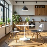 Biały okrągły stół tulipan z dwoma transparentnymi krzesłami