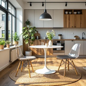 Biały okrągły stół tulipan z dwoma transparentnymi krzesłami