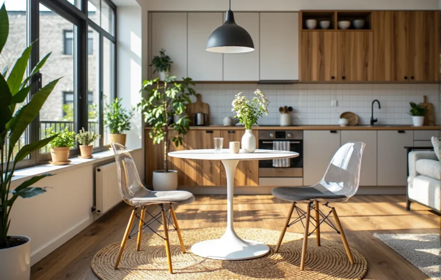 Biały okrągły stół tulipan z dwoma transparentnymi krzesłami