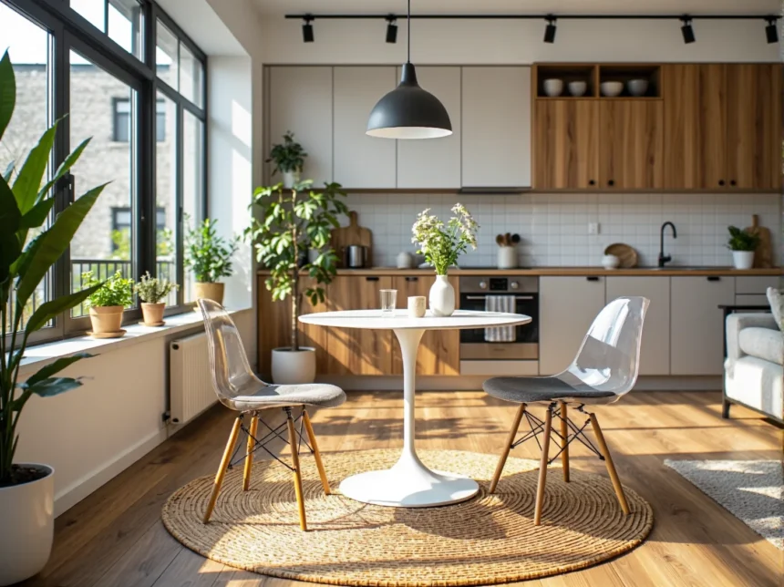 Biały okrągły stół tulipan z dwoma transparentnymi krzesłami