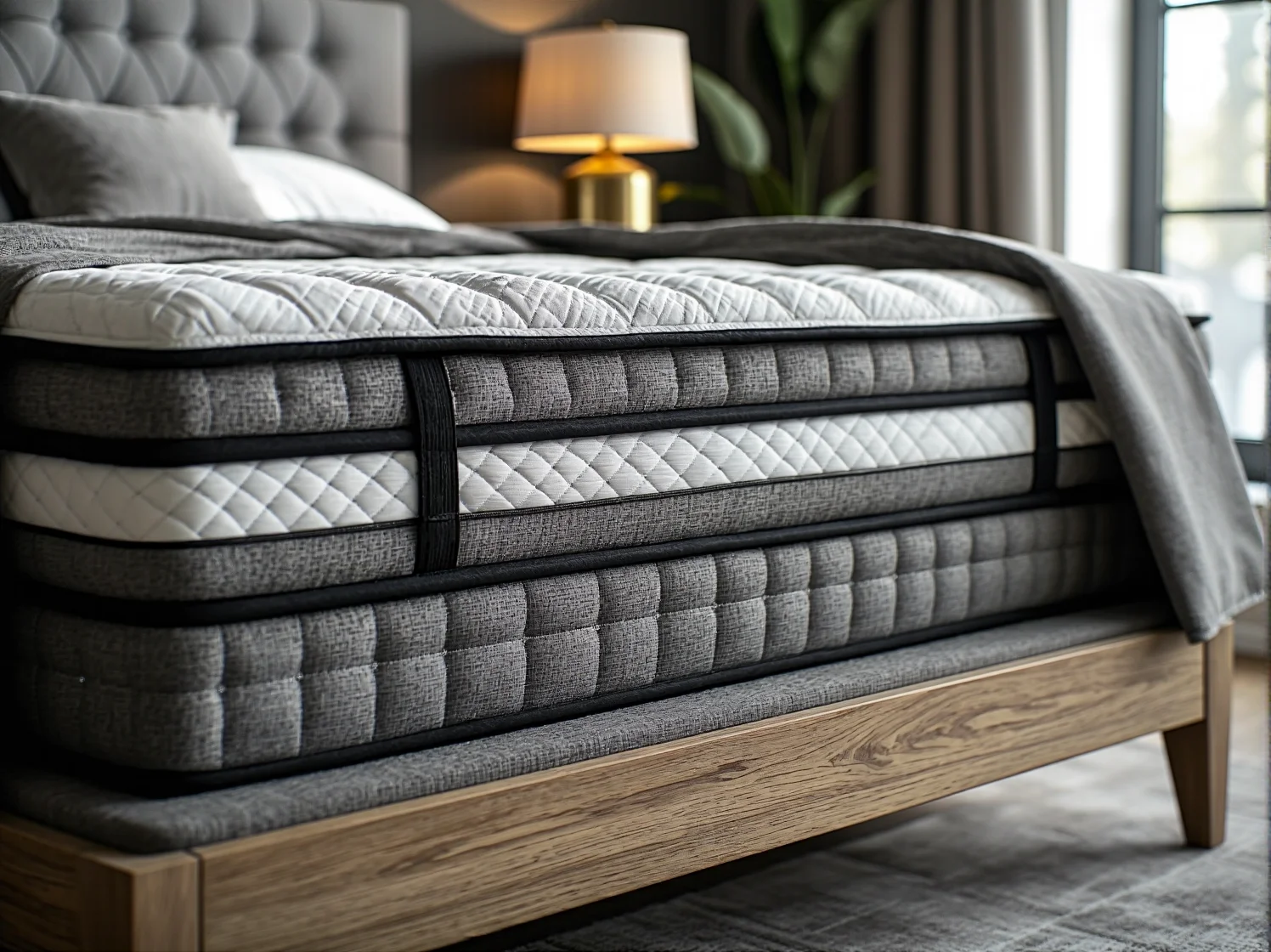 Szare tapicerowane łóżko kontynentalne w jasnej aranżacji małego wnętrza