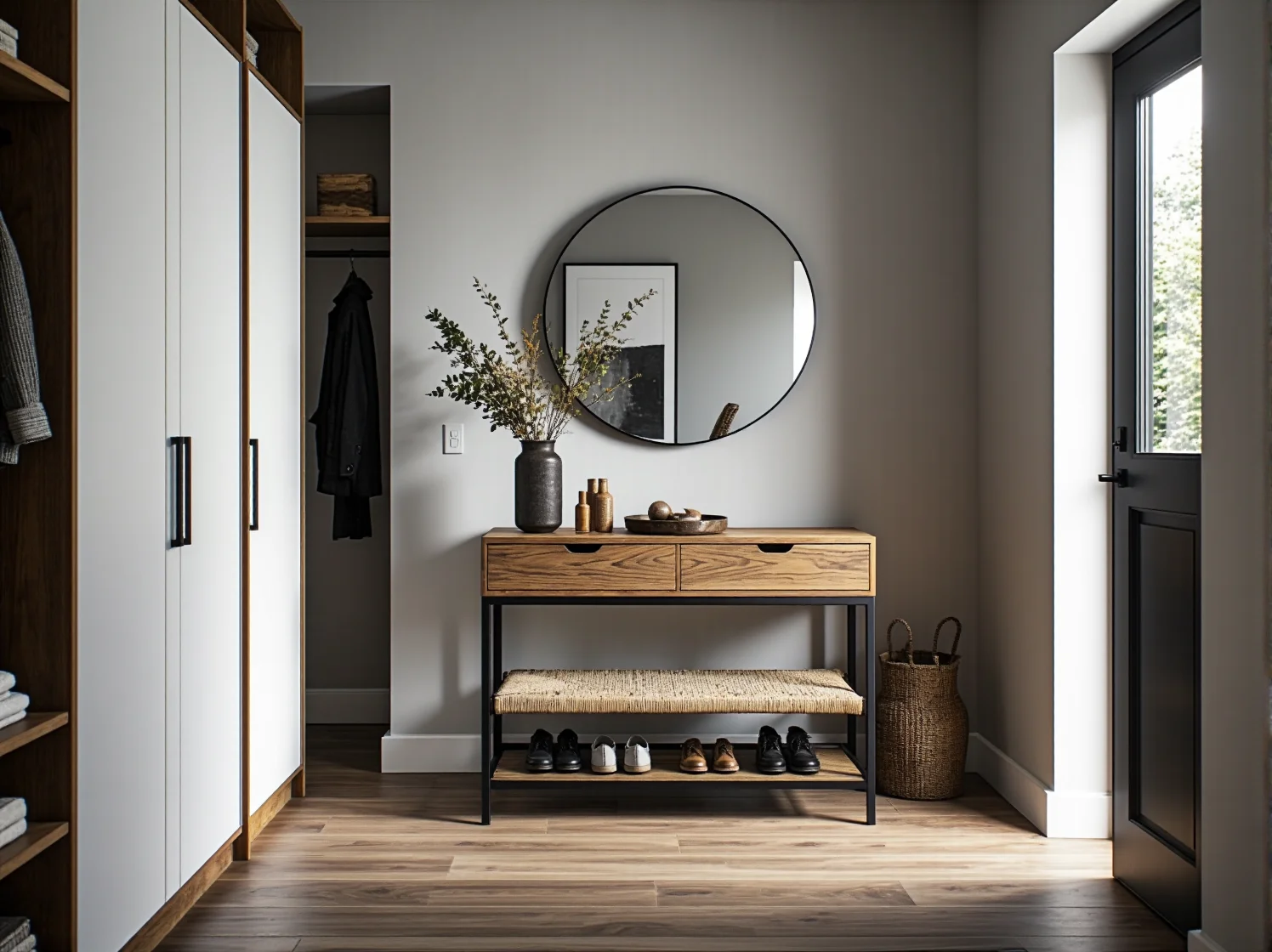 Minimalistyczny regał i biurko w domowym biurze