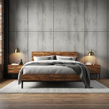 Łóżko drewniane orzech na metalowych nogach w stylu industrialnym