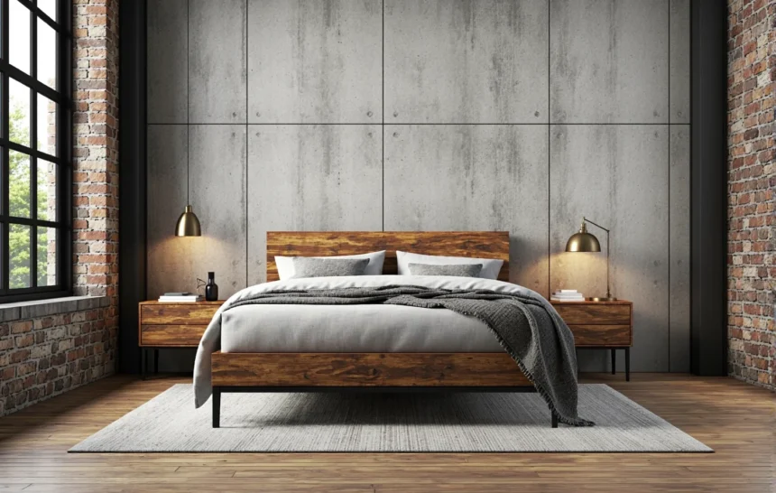 Łóżko drewniane orzech na metalowych nogach w stylu industrialnym