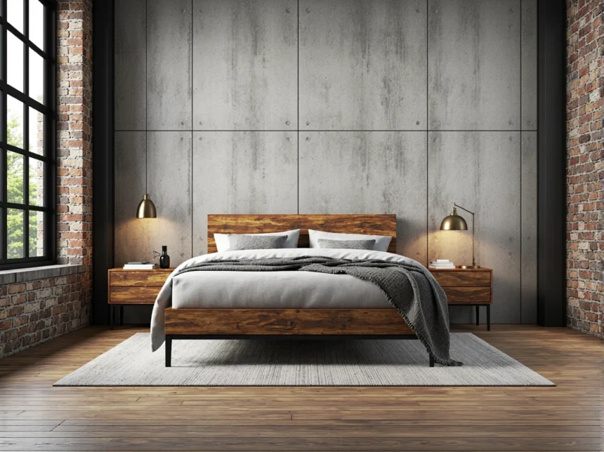 Łóżko drewniane orzech na metalowych nogach w stylu industrialnym