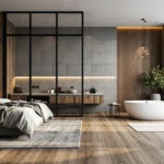 Łóżko tapicerowane grafitowe w nowoczesnej sypialni z łazienką