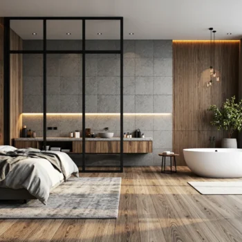 Łóżko tapicerowane grafitowe w nowoczesnej sypialni z łazienką