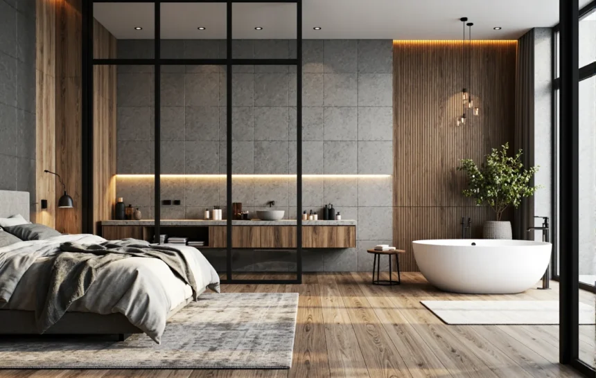 Łóżko tapicerowane grafitowe w nowoczesnej sypialni z łazienką