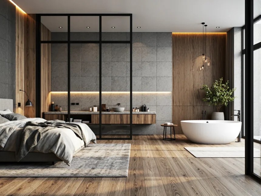 Łóżko tapicerowane grafitowe w nowoczesnej sypialni z łazienką