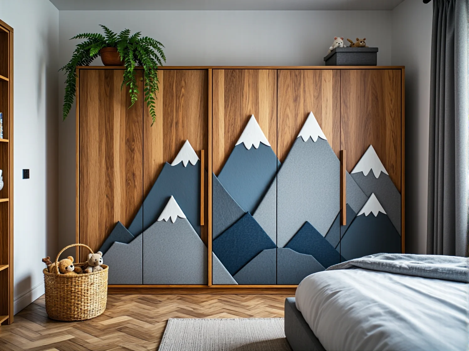 Pojemna szafa dziecięca z botanicznym wzorem liści i drewnianymi nóżkami