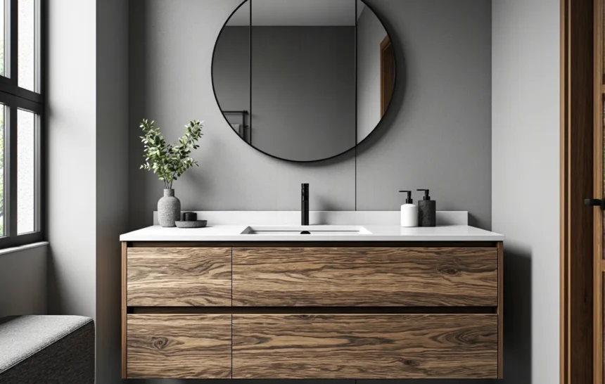 Wisząca szafka pod umywalkę dąb naturalny z białym blatem