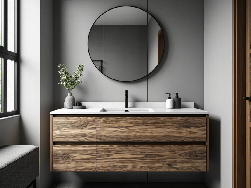 Wisząca szafka pod umywalkę dąb naturalny z białym blatem Wisząca szafka pod umywalkę dąb naturalny z białym blatem