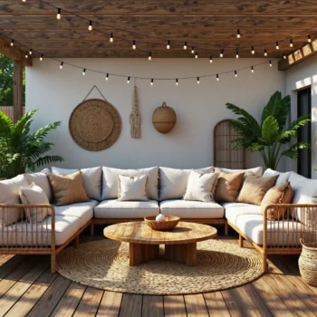 Narożna sofa ogrodowa rattanowa z białymi poduszkami i stolikiem