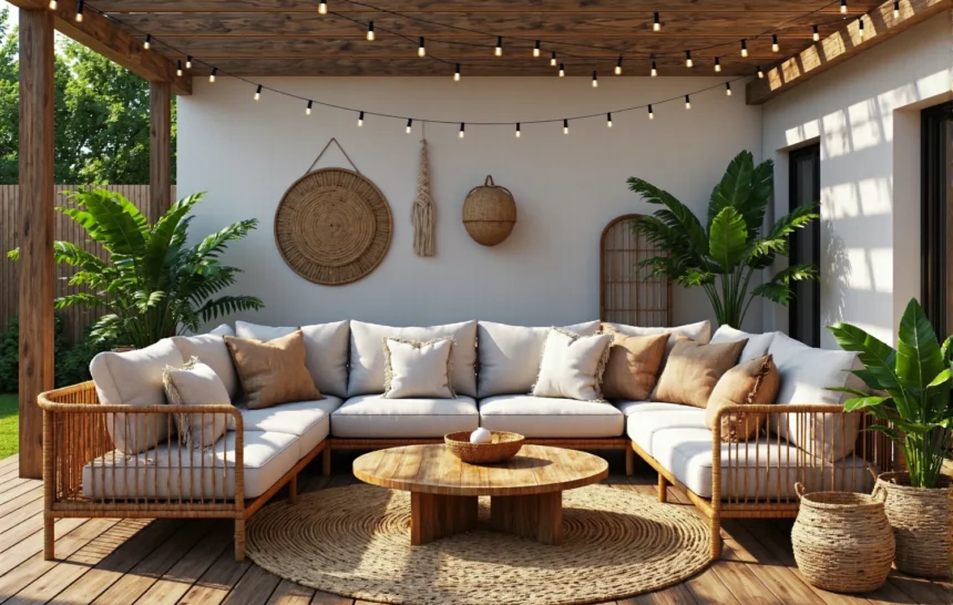 Narożna sofa ogrodowa rattanowa z białymi poduszkami i stolikiem