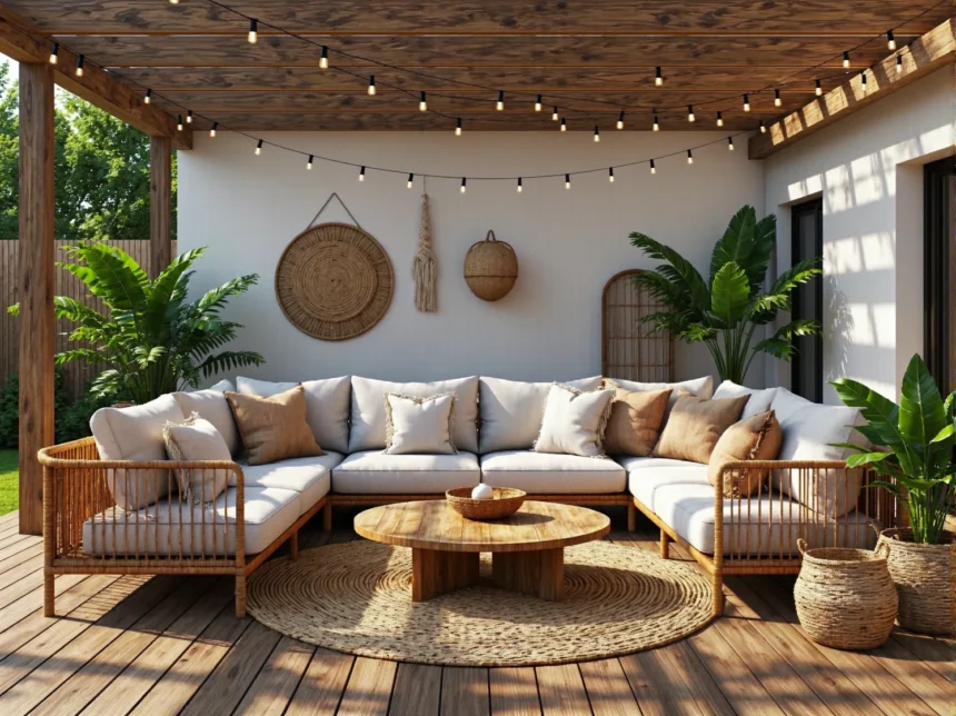 Narożna sofa ogrodowa rattanowa z białymi poduszkami i stolikiem Narożna sofa ogrodowa rattanowa z białymi poduszkami i stolikiem