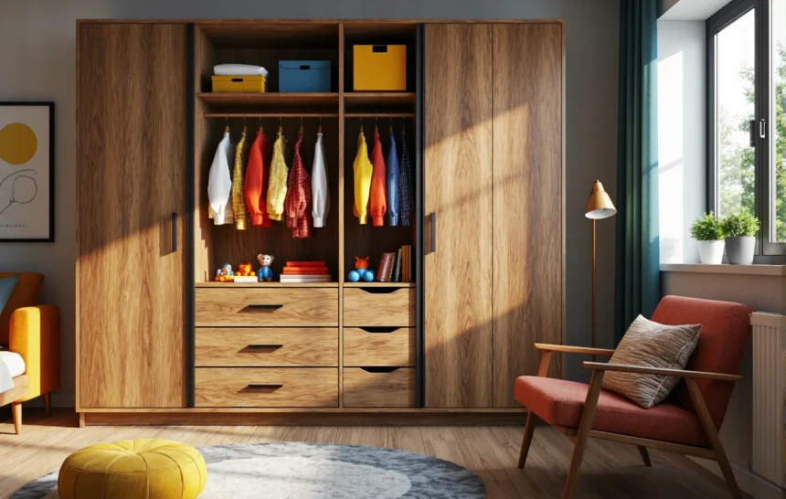 Szafa przesuwna dąb craft z szufladami i drążkiem do pokoju dziecięcego