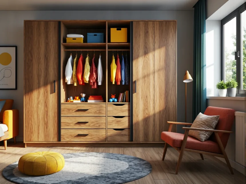 Szafa przesuwna dąb craft z szufladami i drążkiem do pokoju dziecięcego