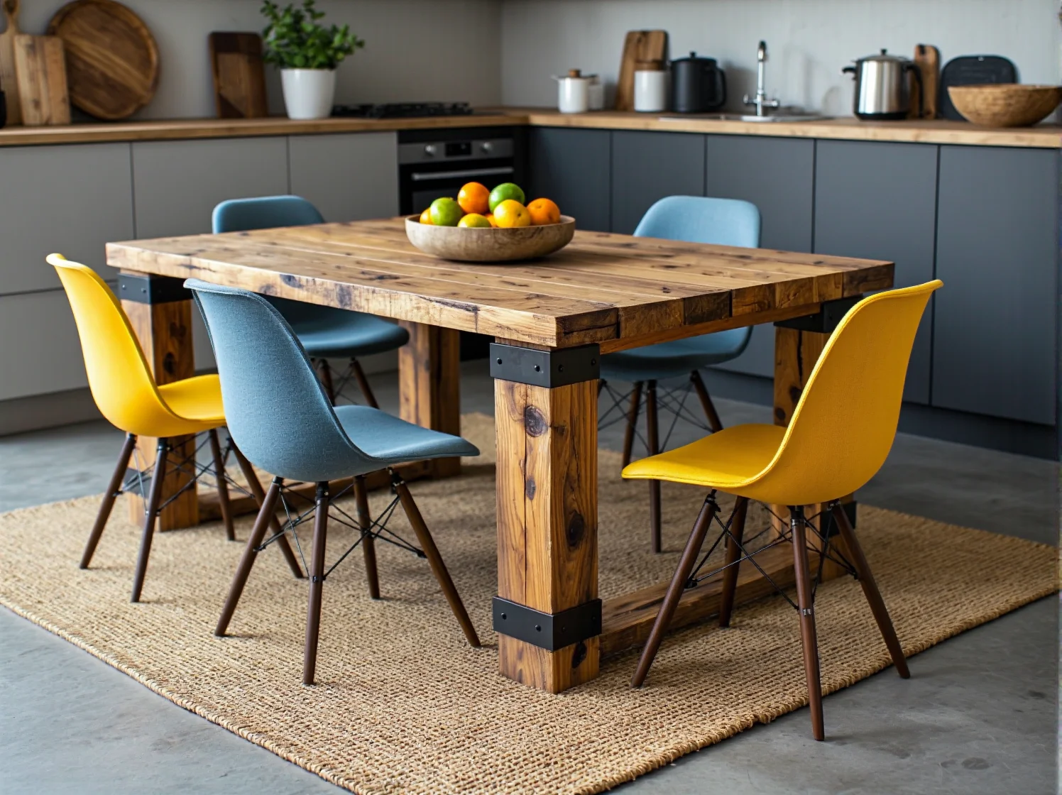 Funkcjonalne półki kuchenne z metalowych rur i desek z recyklingu w stylu loft.