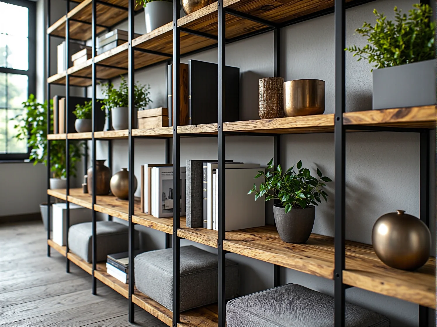 Detal metalowych łączeń w trwałym regale industrialnym z drewna i stali