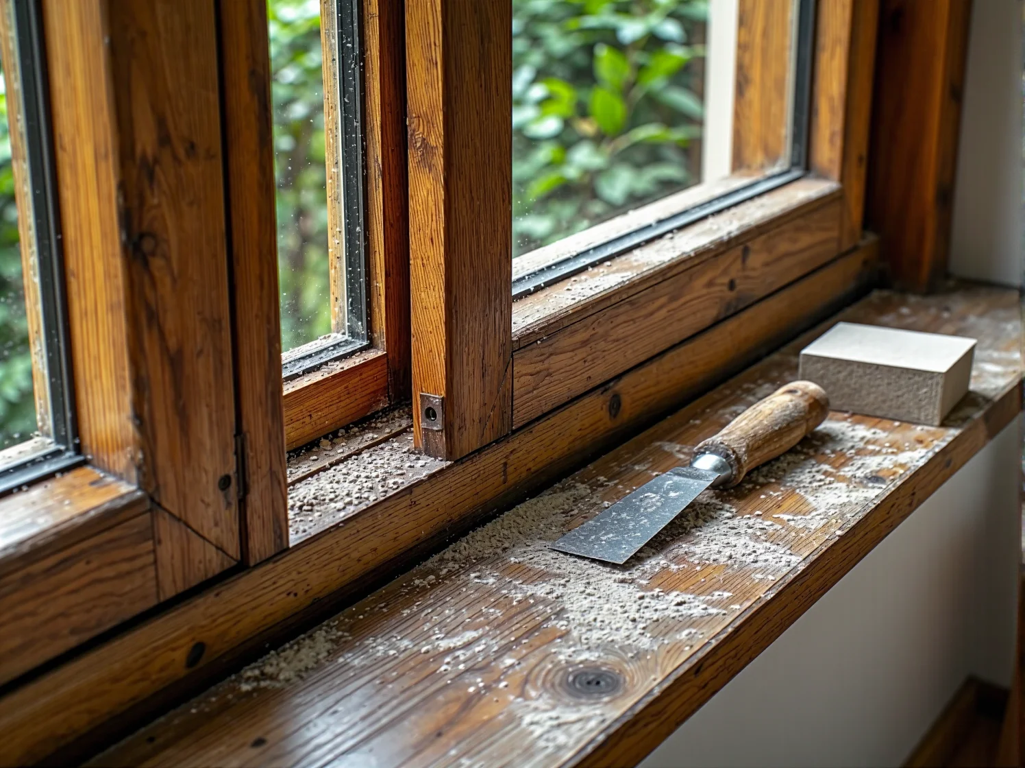 Usuwanie starej farby z ramy okiennej przy użyciu opalarki