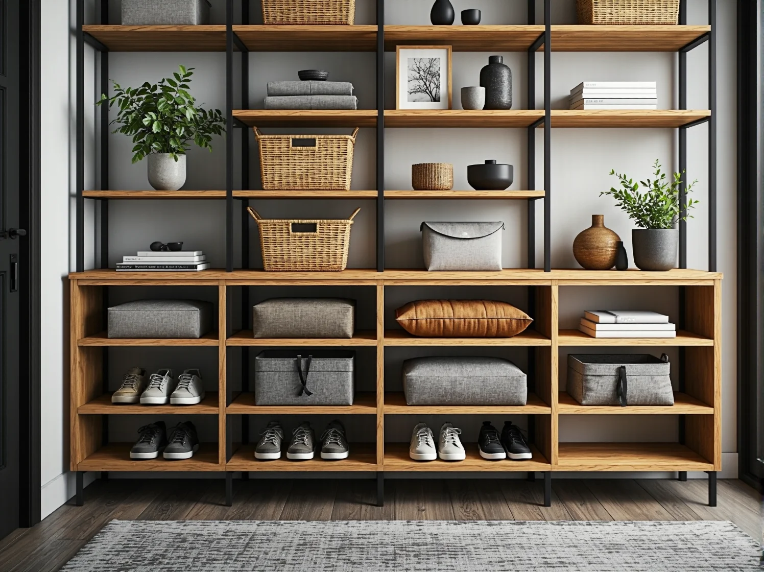 Wąski korytarz z wysokim regałem modułowym oszczędzającym miejsce, styl skandynawski.