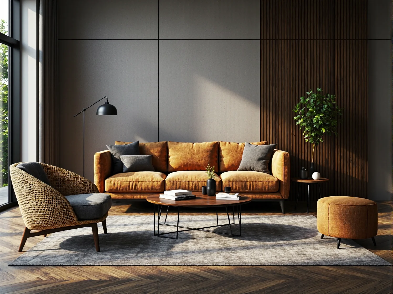 Welurowy narożnik w kolorze butelkowej zieleni w aranżacji vintage