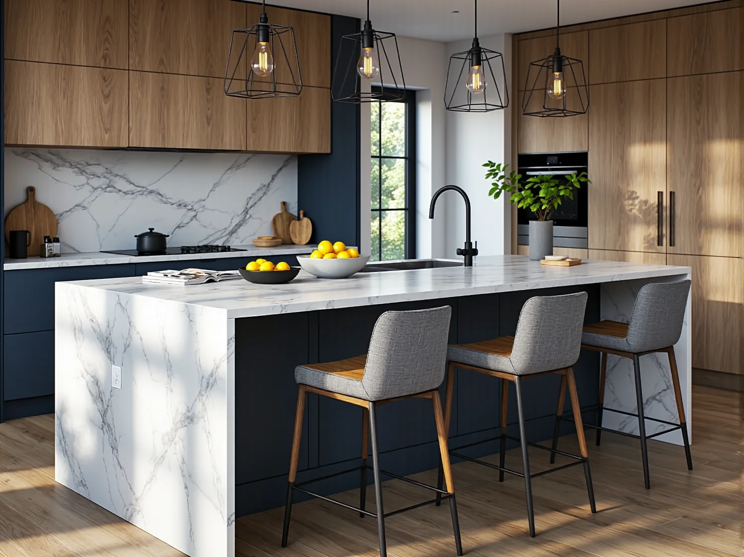 Rozkładany stół w kawalerce pełniący funkcję biurka i miejsca do jedzenia.