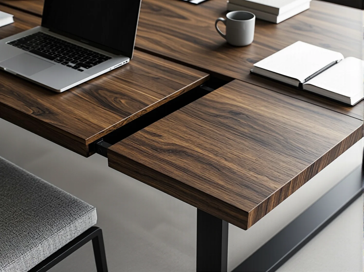 Wielofunkcyjny stół modułowy rozłożony jako biurko do pracy w niewielkim mieszkaniu