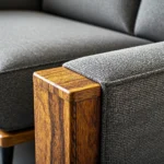 Szara sofa z drewnianymi podłokietnikami w stylu skandynawskim