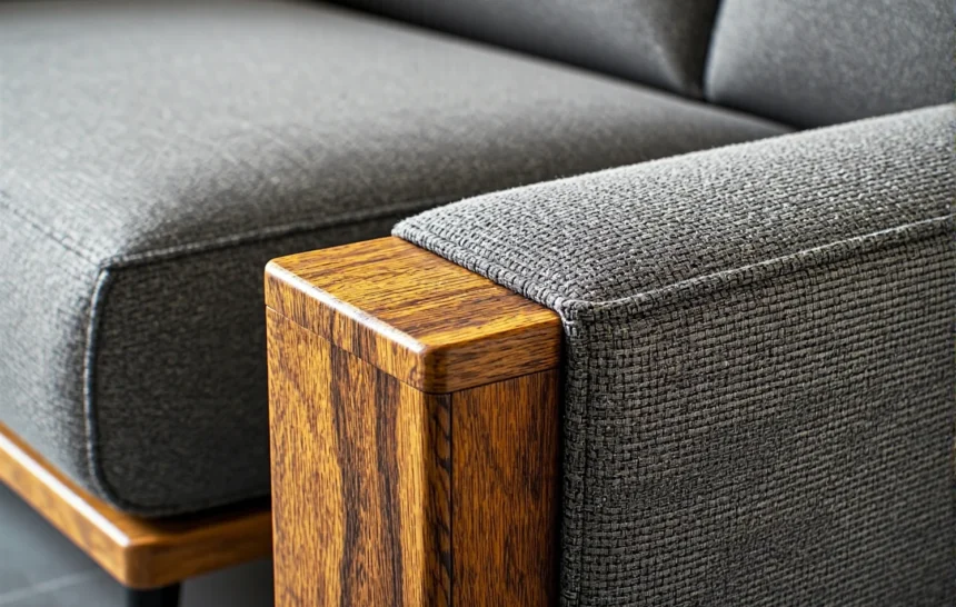 Szara sofa z drewnianymi podłokietnikami w stylu skandynawskim