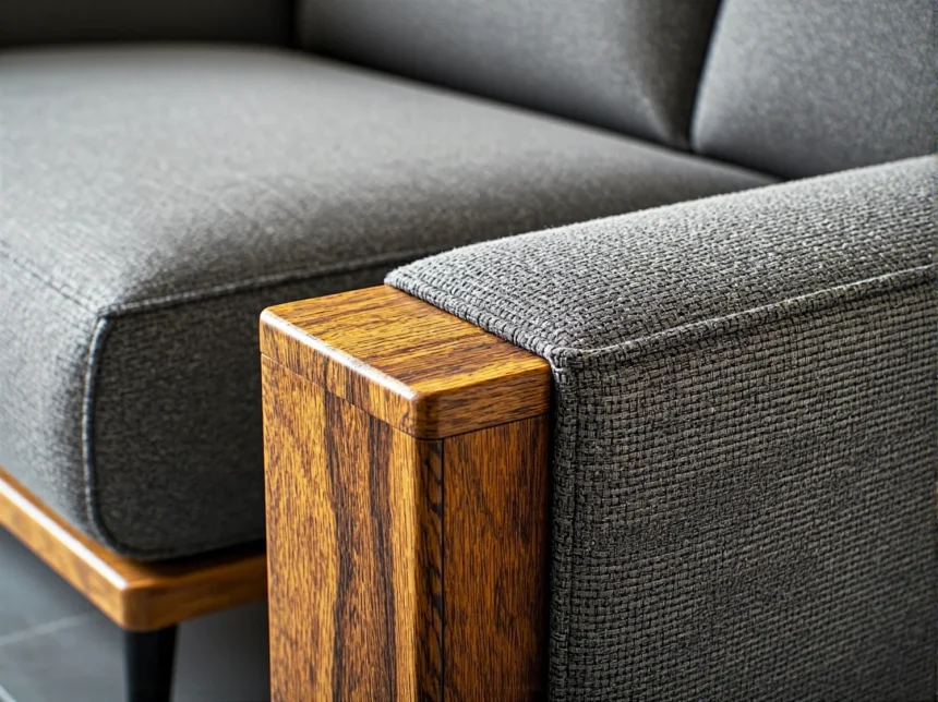 Szara sofa z drewnianymi podłokietnikami w stylu skandynawskim