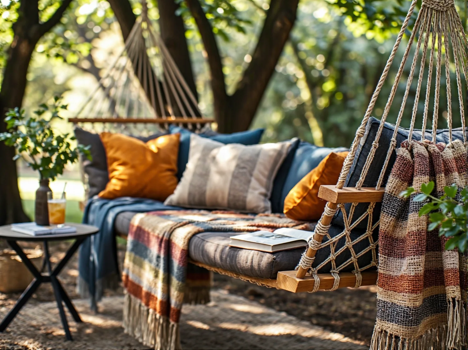 Wiszący fotel typu kokon ozdobiony makramą w otoczeniu zieleni i lampionów ogrodowych.