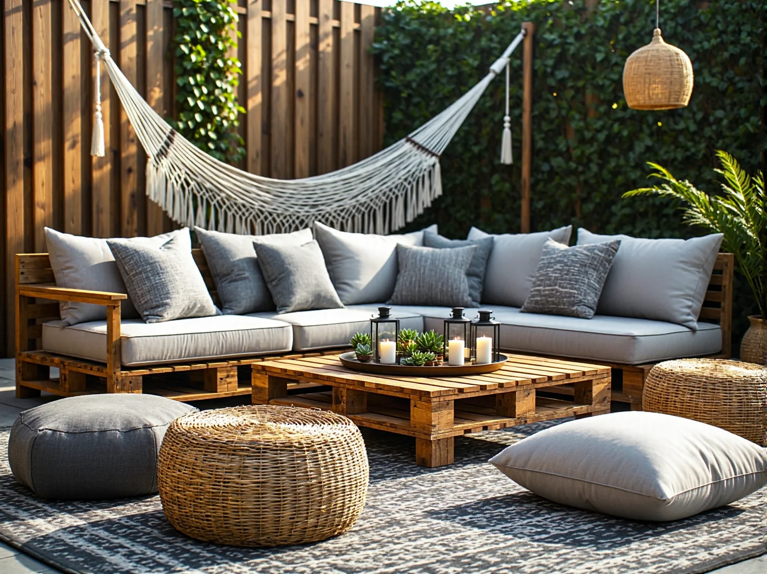 Wiszący fotel kokon jako centrum strefy relaksu na tarasie w stylu boho.