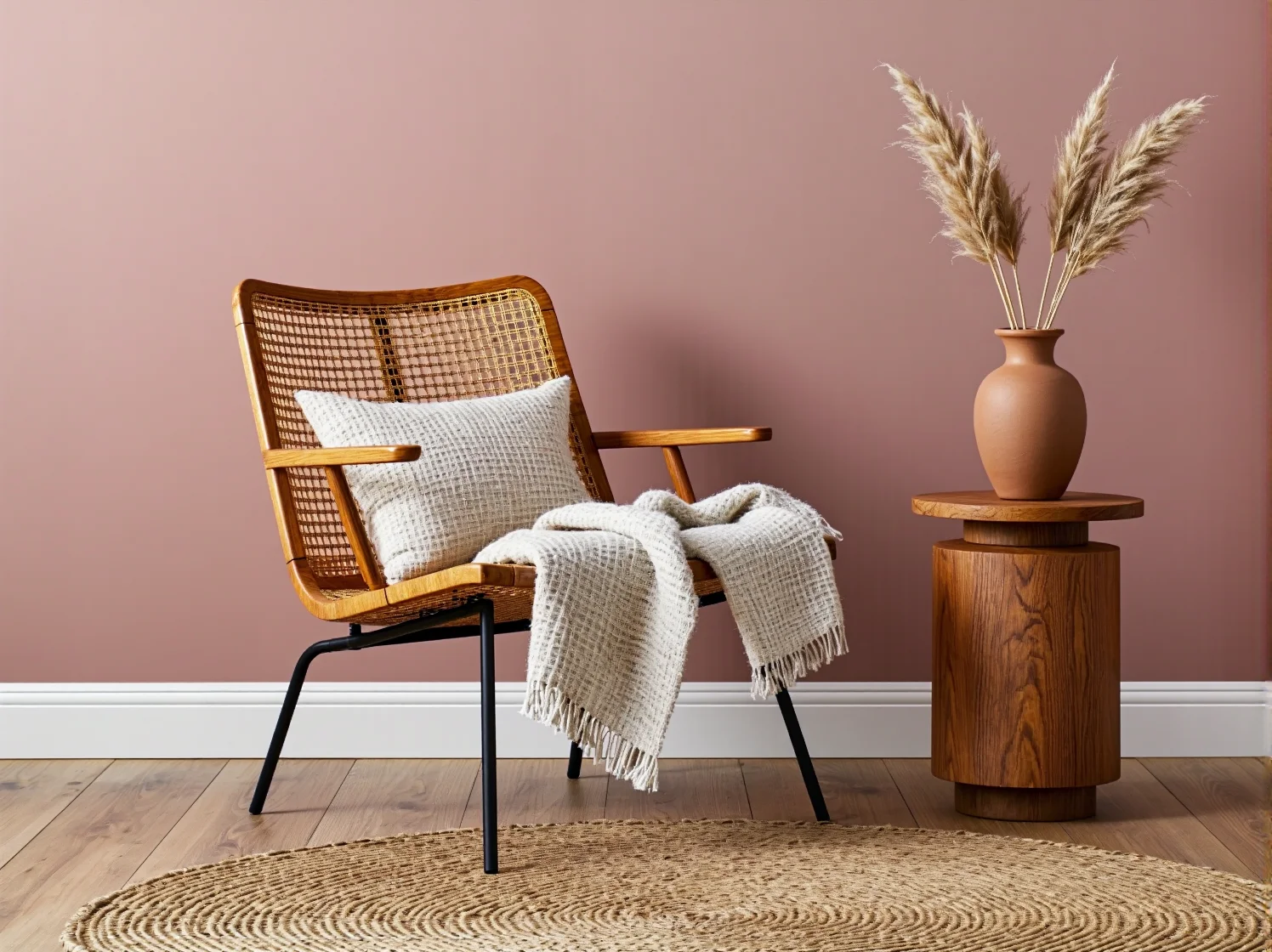 Minimalistyczne wnętrze organic modern łączące drewno z surowym betonem