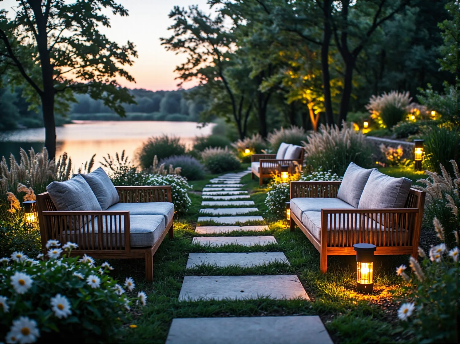 Wodoodporne kule solarne pływające przy brzegu jeziora w nocy