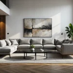 Narożnik modułowy szary z drewnianymi nóżkami w stylu minimalistycznym