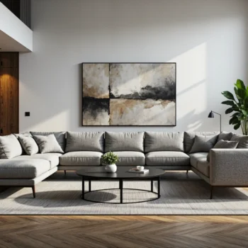 Narożnik modułowy szary z drewnianymi nóżkami w stylu minimalistycznym