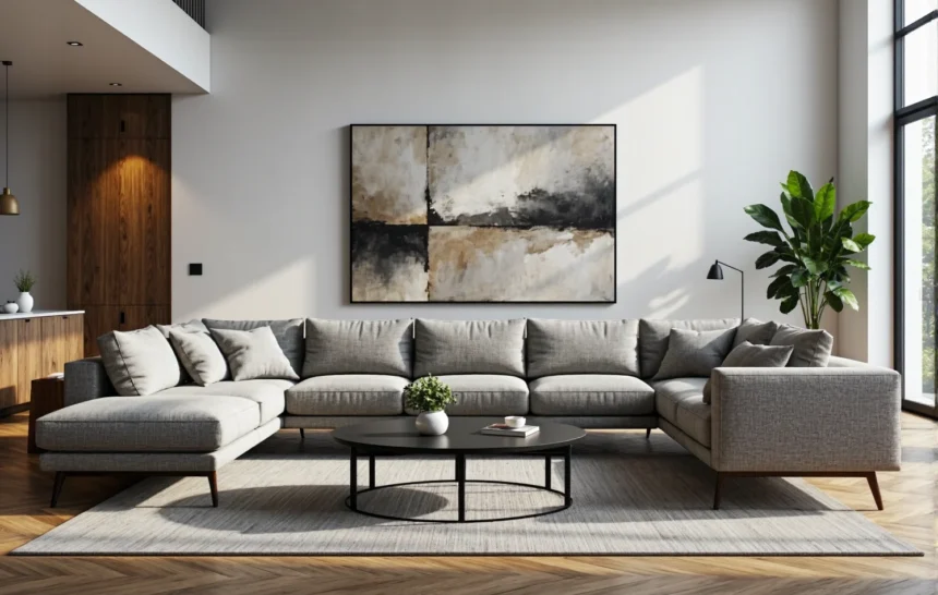 Narożnik modułowy szary z drewnianymi nóżkami w stylu minimalistycznym