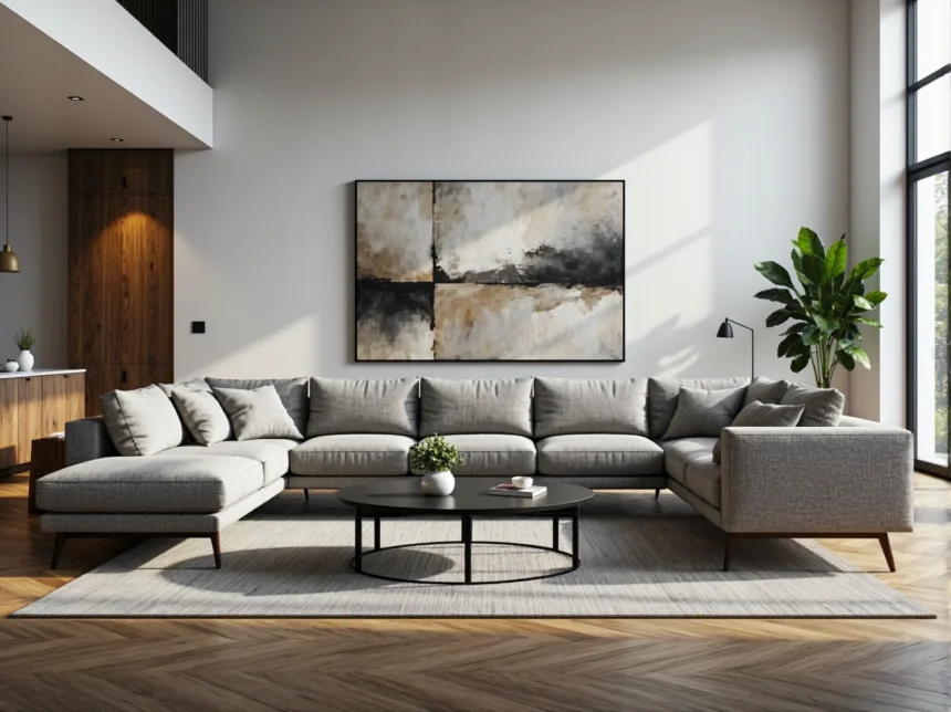 Narożnik modułowy szary z drewnianymi nóżkami w stylu minimalistycznym