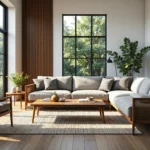 Narożna sofa szara tapicerowana z drewnianą ramą i poduszkami